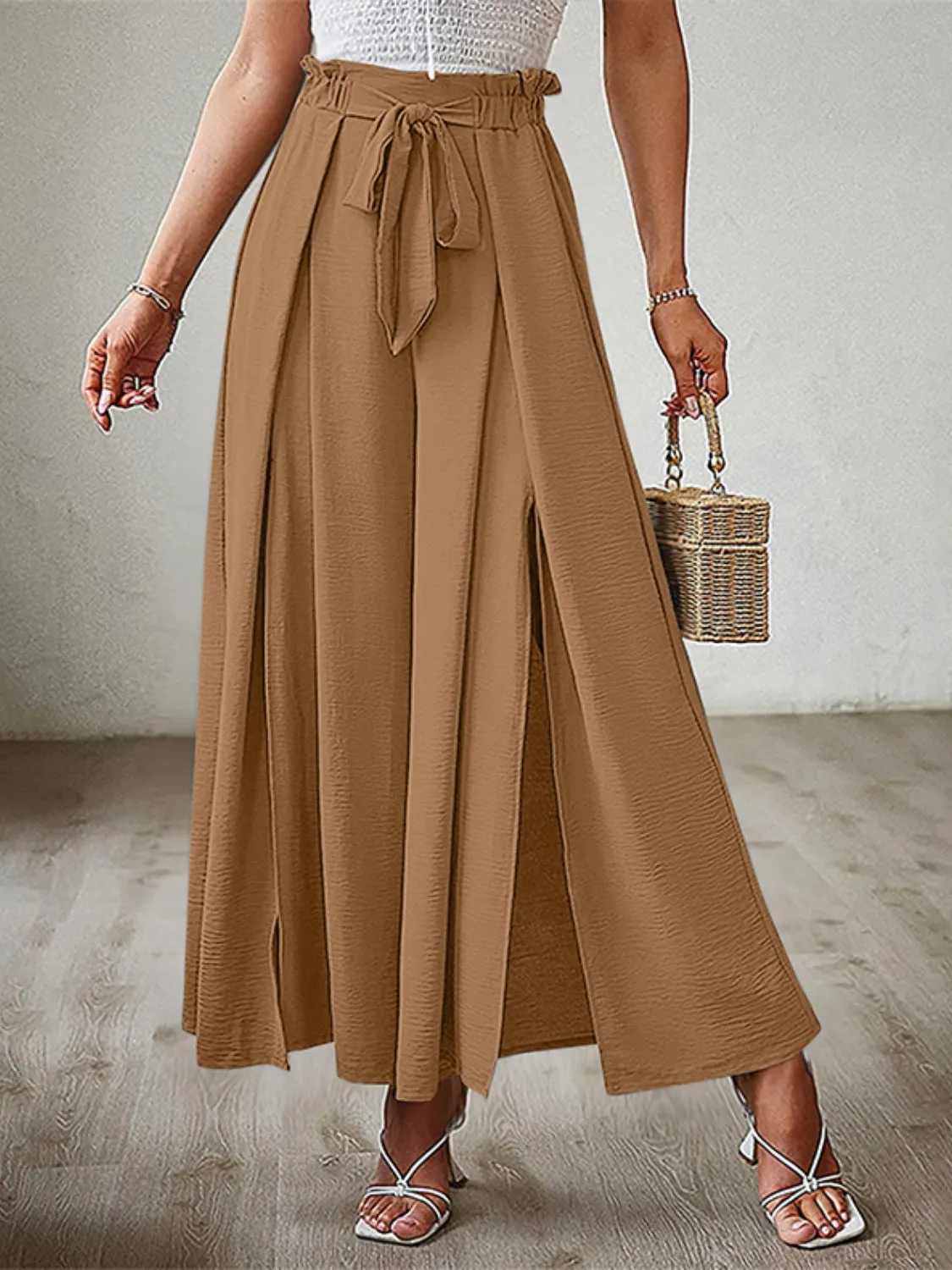 Tied Slit Wide Leg Pants
