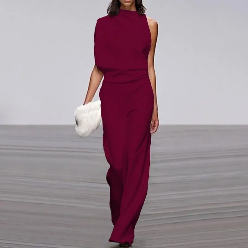 Women Elegant Jumpsuits Long Sleeve & One Shoulder Version Wide Leg Pants