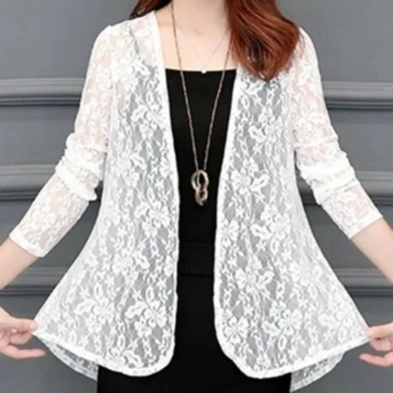 Women Summer Hollow Cardigan Shirt Sunproof Blouse Chic Lace Chiffon Beach Coat