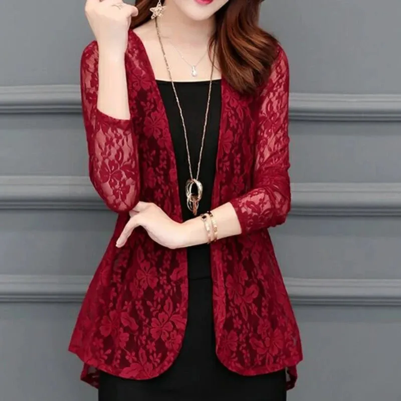 Women Summer Hollow Cardigan Shirt Sunproof Blouse Chic Lace Chiffon Beach Coat