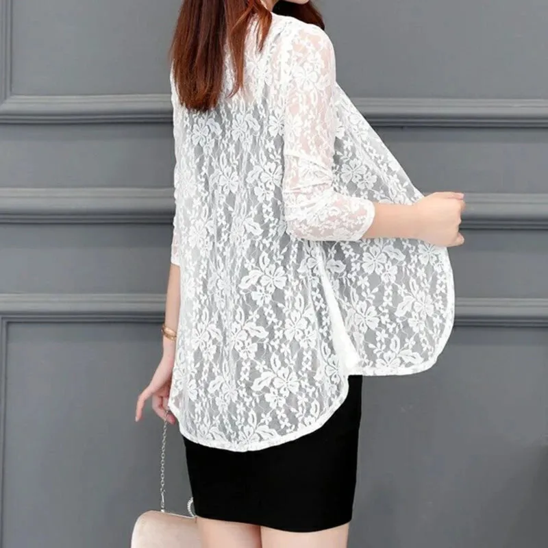 Women Summer Hollow Cardigan Shirt Sunproof Blouse Chic Lace Chiffon Beach Coat