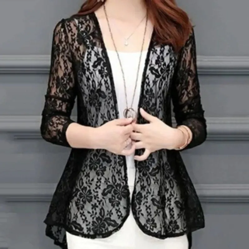 Women Summer Hollow Cardigan Shirt Sunproof Blouse Chic Lace Chiffon Beach Coat
