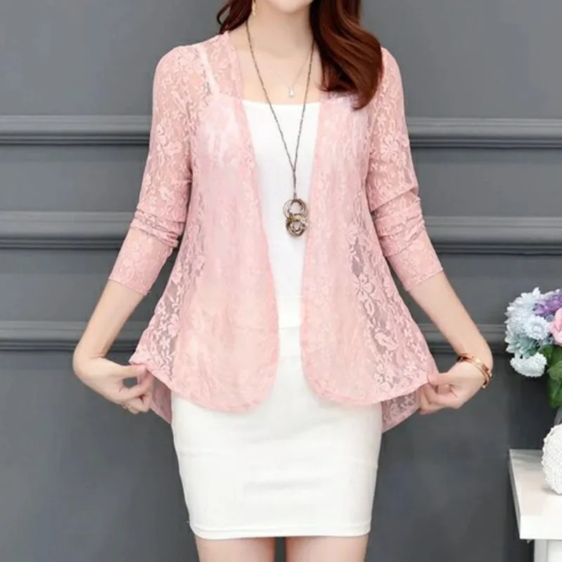 Women Summer Hollow Cardigan Shirt Sunproof Blouse Chic Lace Chiffon Beach Coat