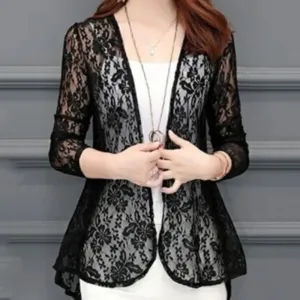 Women Summer Hollow Cardigan Shirt Sunproof Blouse Chic Lace Chiffon Beach Coat