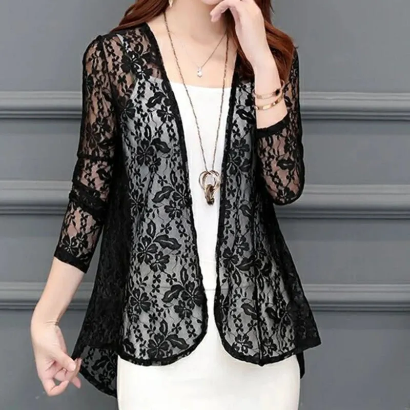 Women Summer Hollow Cardigan Shirt Sunproof Blouse Chic Lace Chiffon Beach Coat