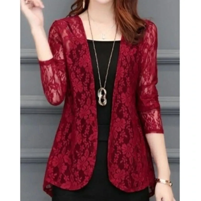 Women Summer Hollow Cardigan Shirt Sunproof Blouse Chic Lace Chiffon Beach Coat