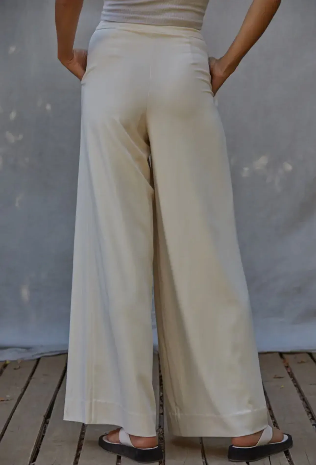 Woven High Waisted Wide Leg Trouser Pants In Creme By Together