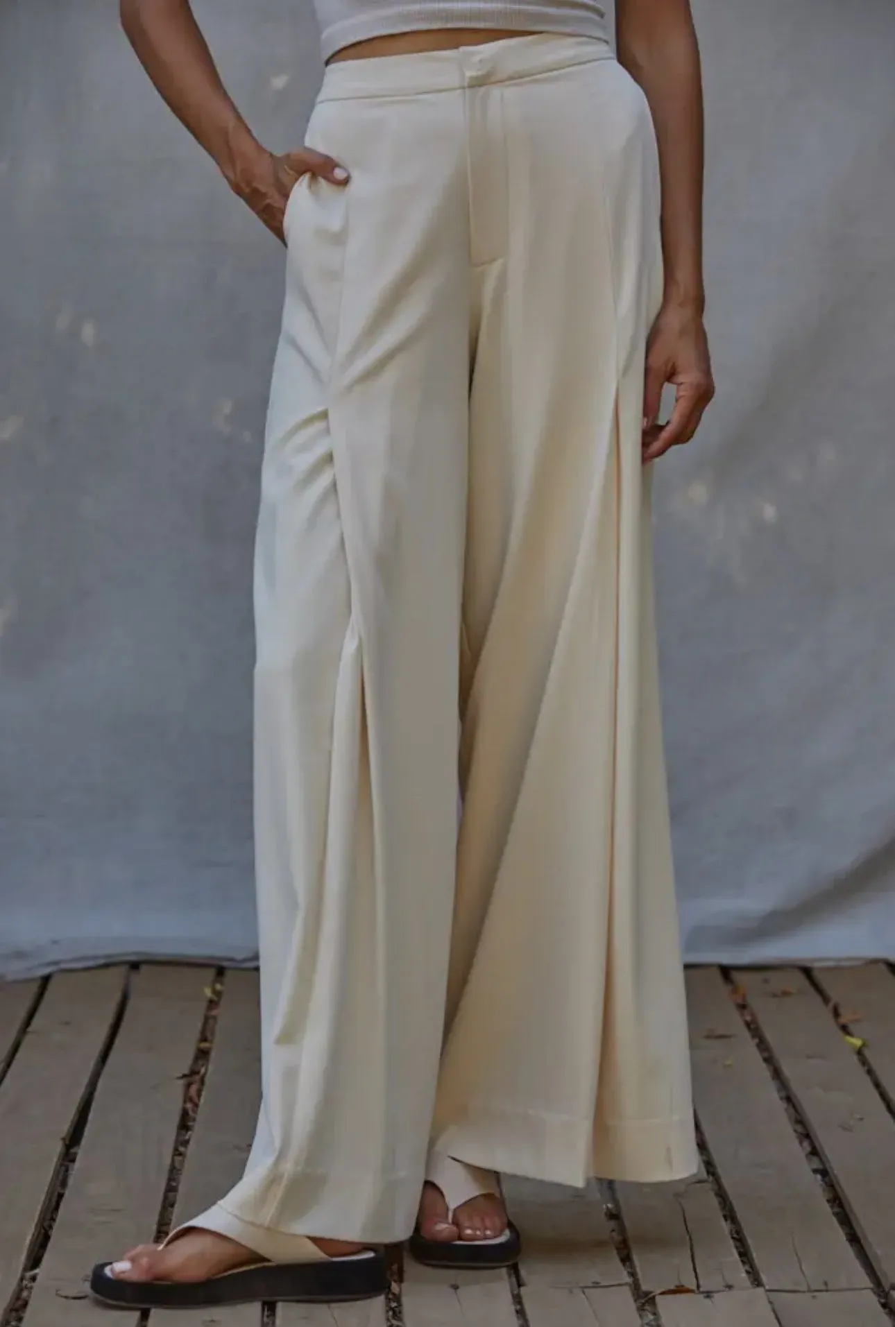 Woven High Waisted Wide Leg Trouser Pants In Creme By Together