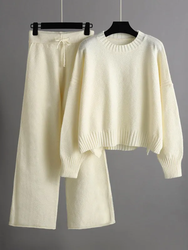 xakxx Urban Loose Long Sleeves Solid Color Round-Neck High-Low Sweater Tops & Wide Leg Pants Suits