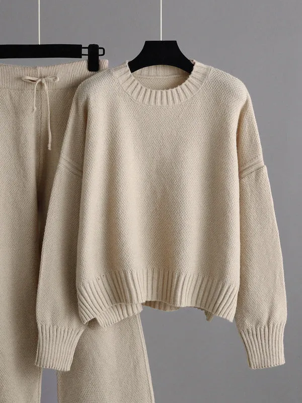 xakxx Urban Loose Long Sleeves Solid Color Round-Neck High-Low Sweater Tops & Wide Leg Pants Suits