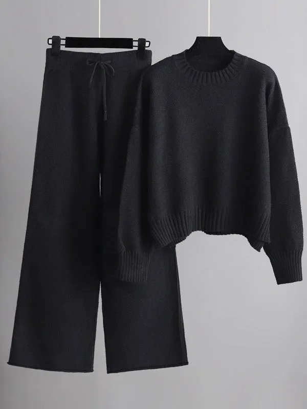 xakxx Urban Loose Long Sleeves Solid Color Round-Neck High-Low Sweater Tops & Wide Leg Pants Suits