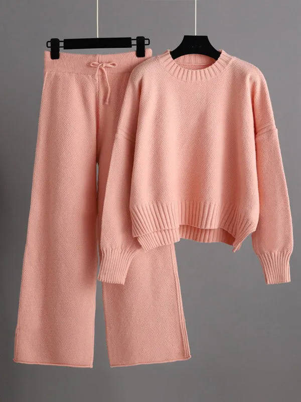 xakxx Urban Loose Long Sleeves Solid Color Round-Neck High-Low Sweater Tops & Wide Leg Pants Suits
