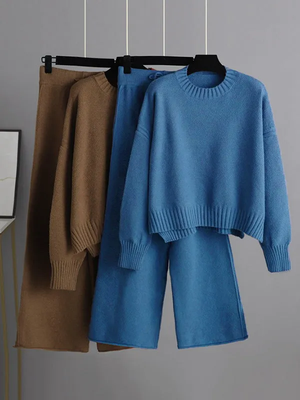 xakxx Urban Loose Long Sleeves Solid Color Round-Neck High-Low Sweater Tops & Wide Leg Pants Suits