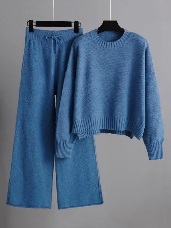 xakxx Urban Loose Long Sleeves Solid Color Round-Neck High-Low Sweater Tops & Wide Leg Pants Suits