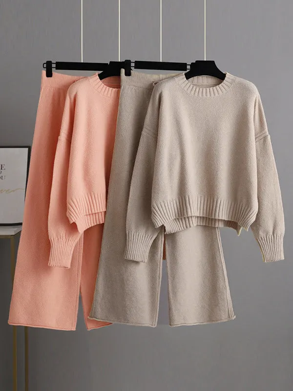 xakxx Urban Loose Long Sleeves Solid Color Round-Neck High-Low Sweater Tops & Wide Leg Pants Suits