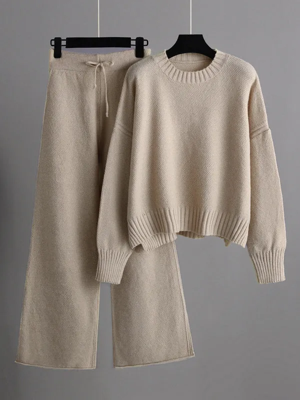 xakxx Urban Loose Long Sleeves Solid Color Round-Neck High-Low Sweater Tops & Wide Leg Pants Suits